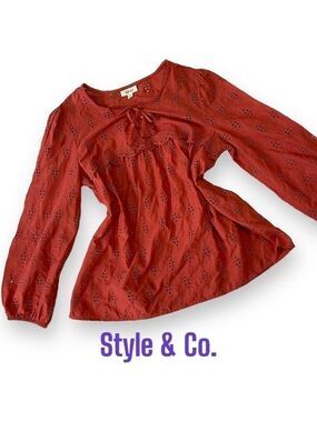 Style & Co Women’s Eyelet Tassel Blouse, Burnt Orange-  Size Large